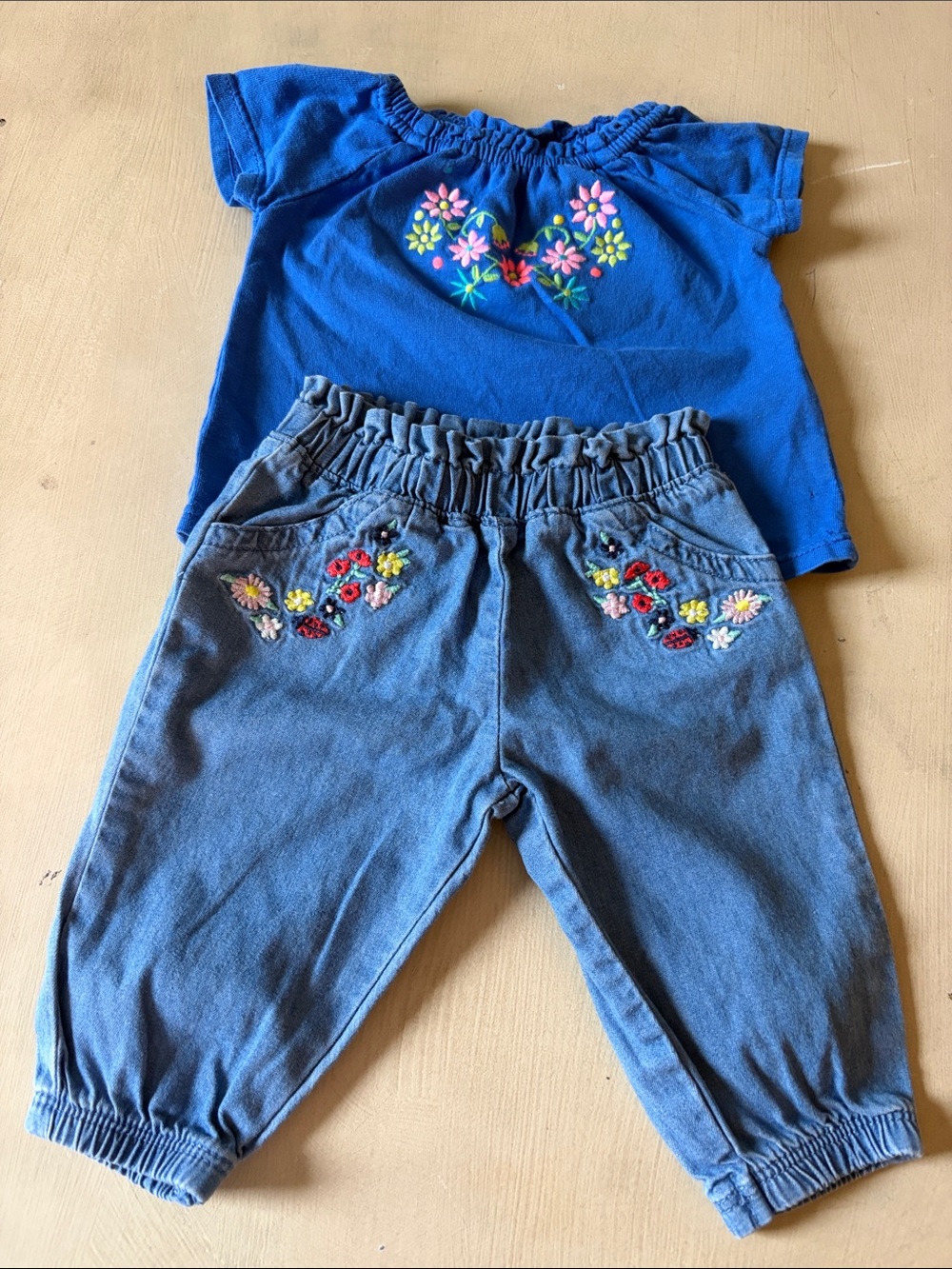 Set Of Carter's Blue Denim Jogger Pants with Floral Embroidery & Shirt NB